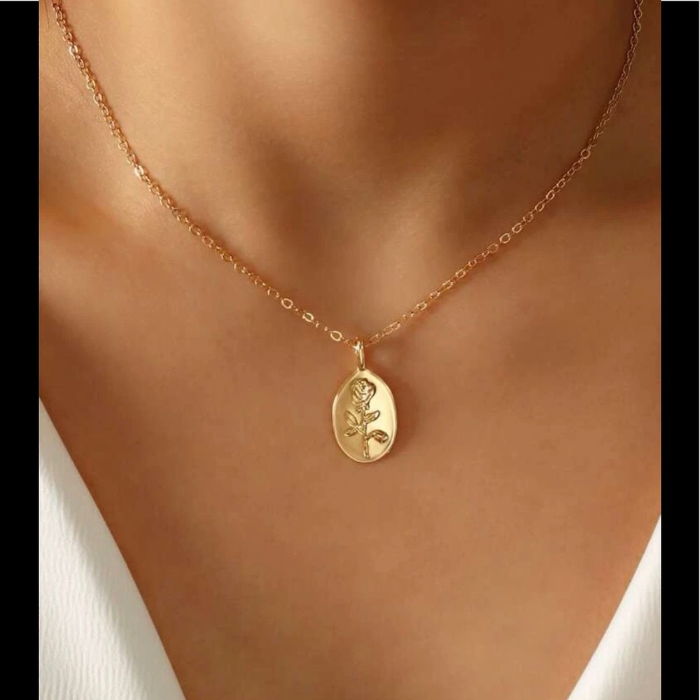 Gold Tone Flower Engraved Oval Charm Necklace